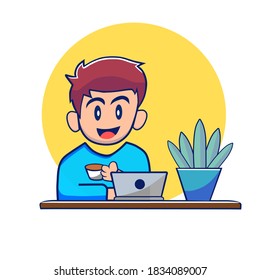 Man Working With Laptop and Drink a Coffee Vector Icon Illustration. people Icon Concept. Flat Cartoon Style Suitable for Web Landing Page, Banner, Sticker, Background