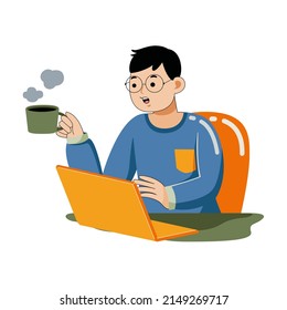 Man working with laptop in flat design style