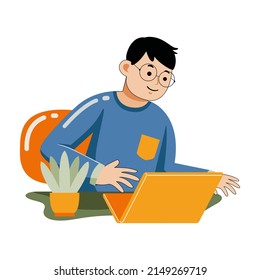Man working with laptop in flat design style