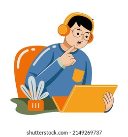 Man working with laptop in flat design style