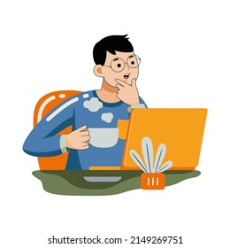 Hombre trabajando con un portátil de diseño plano