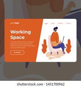 man working at laptop flat illustration landing page vector