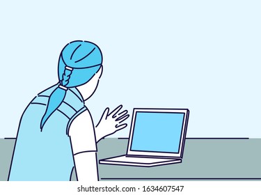 Man working with laptop flat illustration. Freelancer back view using computer, chatting, internet searching cartoon character with outline in blue. Male adult working online, communicating