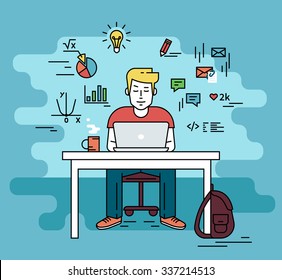 O homem está trabalhando com laptop. Ilustração de contorno de linha plana do estudante estudando processo sentado em casa. Jovem com mídias sociais e educação infográficos símbolos, como gráfico, diagrama, gráfico