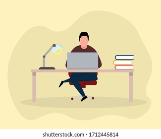 El hombre está trabajando con la laptop. Moderno y plano. 