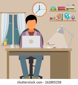 Man is working with laptop. Flat modern illustration of working process