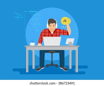 Man is working with laptop. Flat modern illustration of young programmer coding a new project using computer and tablet pc and upgrades his professional skills