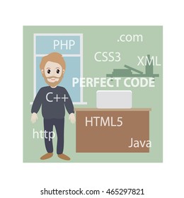 Man is working with laptop. Flat modern illustration of working process. Student is studying at his desk