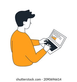 Man is working at a laptop, a flat vector illustration.