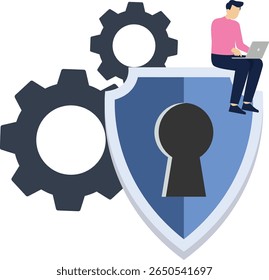 Man Working with Laptop Flat Vector Illustration. Online Antivirus Software Isolated Cartoon. Virus, Hacker Threat Protection Metaphor. Having Safe Computer Password, Pincode Isolated Cartoon Concept
