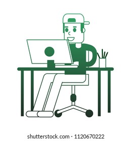 Man working with laptop green lines