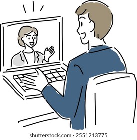 Hombre que trabaja con una Ilustración vectorial del dibujo de la mano del ordenador portátil