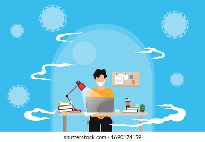 man working with laptop at his work desk. Vector illustration of student using mask.