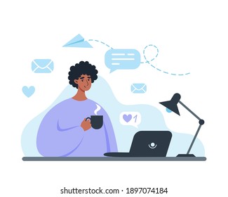 Man working at laptop, working from home, freelancer or student