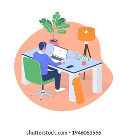 Man working laptop at home isometric illustration. Male character in headphones sitting at modern white table and enthusiastically launches new online game. Virtual vector realistic.