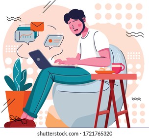man working at laptop from home. Home office with plants and snack