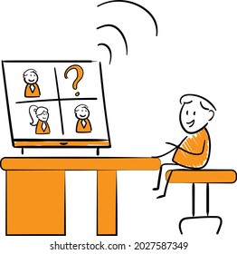 Man working with laptop at home office concept. Teleconference and online business call Looking at Computer Screen and Talking with Colleagues Online.isolated vector illustration doodle art.
