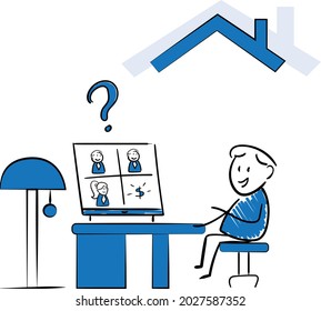 Man working with laptop at home office concept. Teleconference and online business call Looking at Computer Screen and Talking with Colleagues Online.isolated vector illustration doodle art.
