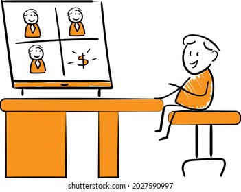 Man working with laptop at home office concept. Teleconference and online business chat with Colleagues talking about money grow.isolated vector illustration doodle art.
Freelancer at Quarantine