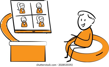 Man working with laptop at home office concept. Teleconference and online business call Looking at Computer Screen and Talking with Colleagues Online.isolated vector illustration doodle art.
