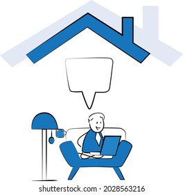 Man working with laptop at home office concept. Teleconference and online business call and Talking with Colleagues Online.isolated vector illustration doodle art. Speech bubble sign.
