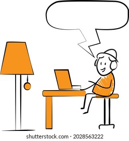 Man working with laptop at home office concept. Teleconference and online business call and Talking with Colleagues Online.isolated vector illustration doodle art. Speech bubble sign.
