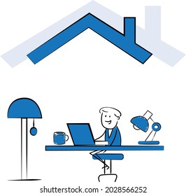 Man working with laptop at home office concept. Teleconference and online business call Looking at Computer Screen and Talking with Colleagues Online.isolated vector illustration doodle art.
