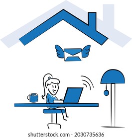 Man working with laptop at home office concept. Teleconference or online business call and Talking with Colleagues Online.isolated vector illustration doodle art. Work mail, checking or write an email