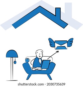 Man working with laptop at home office concept. Teleconference or online business call and Talking with Colleagues Online.isolated vector illustration doodle art. Work mail, checking or write an email