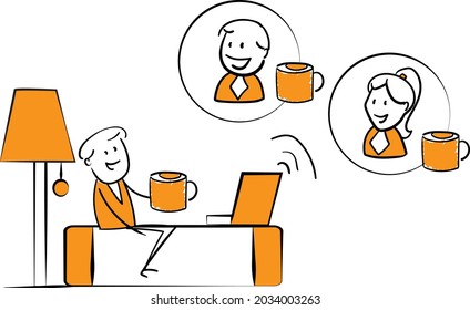 Man working with laptop at home office concept. Teleconference and online business call Looking at Computer Screen and Talking with Colleagues Online.isolated vector illustration doodle art.
