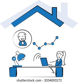 Man working with laptop at home office concept. Teleconference and online business call Looking at Computer Screen and Talking with Colleagues Online.isolated vector illustration doodle art.
