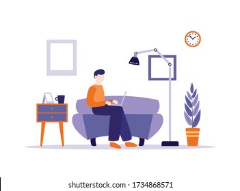 Man working with laptop at home. Vector illustration of distance learning, working.