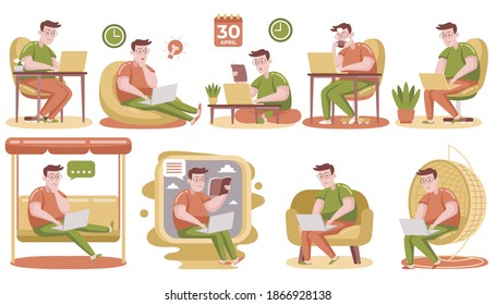 Man Working with Laptop at Home with Vector Illustration.