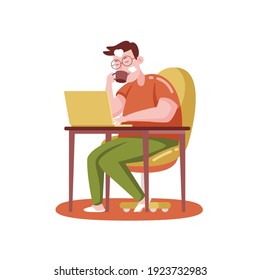 Man Working with Laptop at Home. Vector Illustration with Flat Design.