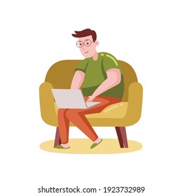 Man Working with Laptop at Home. Vector Illustration with Flat Design.