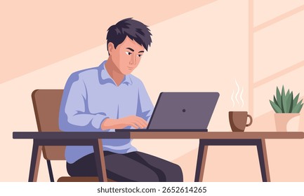 Man working with laptop at home. Vector illustration in cartoon style.