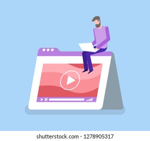 Man working with laptop, interface of video player, button play and turntable. Multimedia template with person isolated on blue with shadow vector