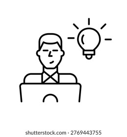 Man working at laptop and light bulb. Innovation and creative thinking in learning and remote job. Pixel perfect, editable stroke vector icon