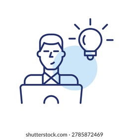 Man working at laptop and light bulb. Innovation and creative thinking in learning and remote job. Pixel perfect, editable stroke vector icon