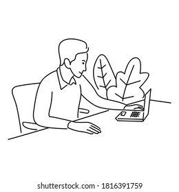 Man working with laptop. Line art illustration