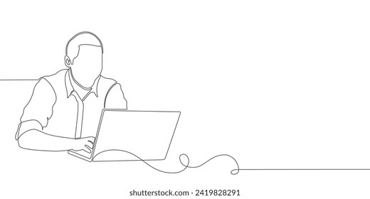 hombre trabajando con ilustración vectorial de estilo de arte de línea de laptop. Pasos vectoriales editables de una línea continua