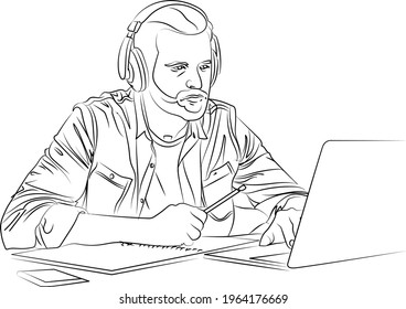 The man is working at the laptop. Linear vector. Male illustration. Vector worker at the computer. Holding.