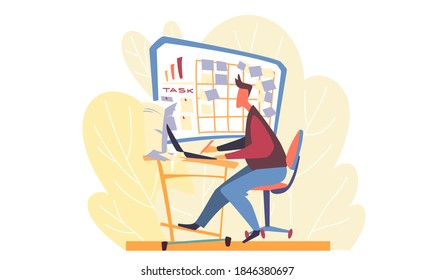 A man working at a laptop and looking at a board with stickers and assignments over his desk. The background depicts yellow leaves and bushes. Working day of a young man in a business office