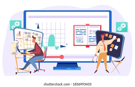 A man working at laptop looking at the panel with stickers. The worker stands next to a board with glued paper sheets and takes one. Working day in the office with a screen with a graph on background