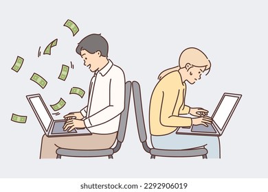 Man working with laptop makes money sitting near outsider woman who is experiencing financial difficulties. Concept of income disparity and gender discrimination affecting earning money