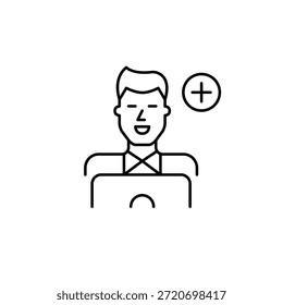 Man working at laptop. New task, job update or account access. Hiring remote workers. Pixel perfect, editable stroke vector icon