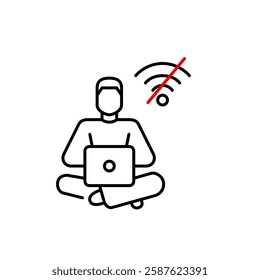 Man working at laptop and no wi-fi symbol. Offline mode, limited connectivity and disrupted remote work. Pixel perfect, editable stroke vector icon