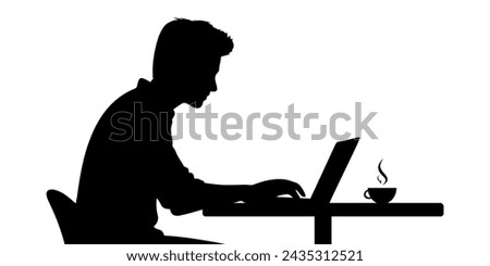  Man working with laptop at office or at home silhouette vector illustration isolated on white background