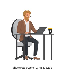 Man working at laptop, office manager or teacher sitting at desk vector illustration