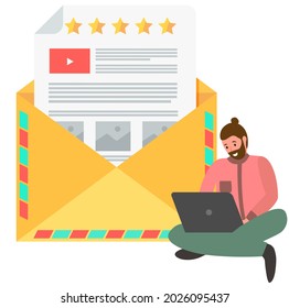 Man working with laptop on background of envelope with letter, paper with stars, video icon, text and pictures. Promotion participation. Attract customers, increase sales, luring consumers concept